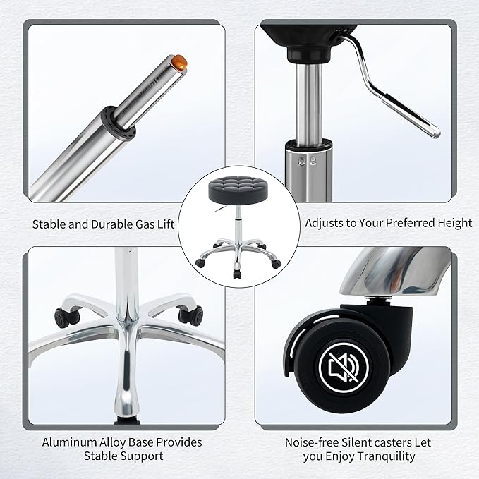 Work Stools with Wheels (300lbs Capacity) (Sturdy Aluminum Base) Black Leather Salon Stools (Black)