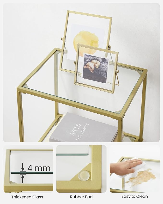 VASAGLE Bookcase, 6-Tier Bookshelf, Slim Shelving Unit for Bedroom, Bathroom, Home Office, Tempered Glass, Steel Frame, Metallic Gold ULGT500A01