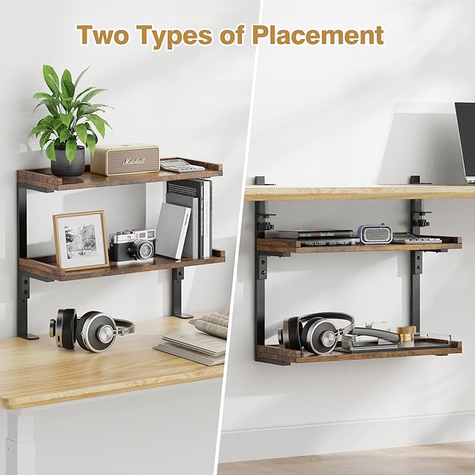 Clamp On Desk Shelf 2-Tier, 16.5 in Wood Shelving Unit for Office Desk/Gaming Accessories, Tabletop Book Storage Rack, Shelf for Top of Desk, Brown