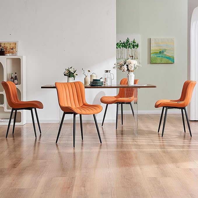 YOUNUOKE Dining Chairs Set of 2 Camel Mid Century Modern Kitchen Chairs Armless Faux Leather Upholstered Dinner Side Chair with Back for Guest Reception Living Room, Matte Orange