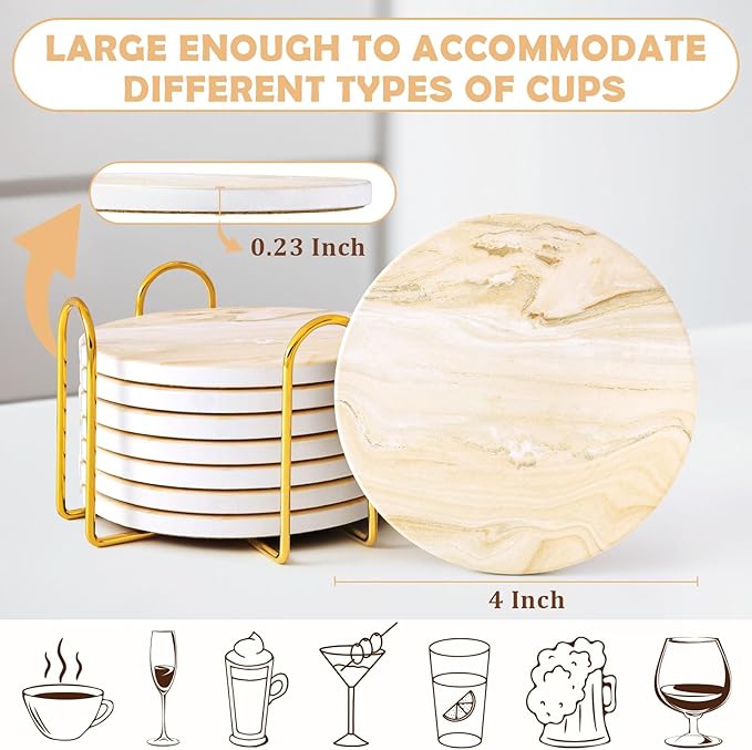 GOH DODD Coasters for Drinks Set of 4, Absorbent Marble Style Ceramic Coaster Cup Coasters Tabletop Protection Home Decor with Metal Holder for Housewarming Gifts Wedding Party, Beige, Round, 4 Inch