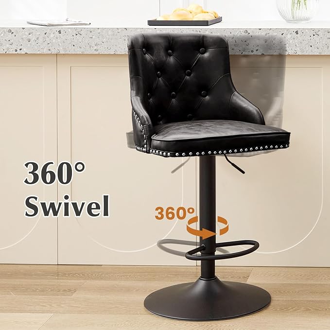 Modern Counter Stools Set of 2, Swivel Counter Height Bar Stools with Back and Armrests, 25'' to 33'' Adjustable Height PU Leather Bar Chairs with Rivets for Kitchen Island, Black