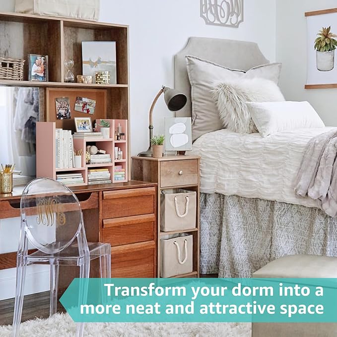 Desk Shelves Desktop Orgnizer Shlef - Pink Office Organization for Top of Desk Organizers and Accessories Corner Bookshelf Table Top Shelving Small Hutch Decorations for Office