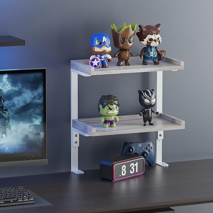 Clamp On Desk Shelf 2-Tier, 12.5 inch Wood Shelving Unit for Office Desk/Gaming Accessories, Tabletop Book Storage Rack, Shelf for Top & Under of Desk, Grey