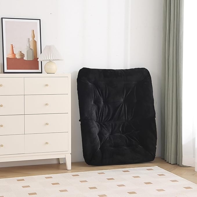 Saucer Chair, Comfy Bedroom Chairs, Oversized Folding Faux Fur Chair, Foldable Metal Frame Chair for Bedroom, Patio, Study, Playroom (Black)