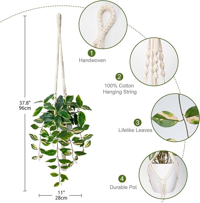 Briful Artificial Hanging Plant Indoor, Macrame Plant Hanger with Fake Pothos Plant in White Pot, Faux Hanging Plant for Home Ceiling Farmhouse Kitchen Decor