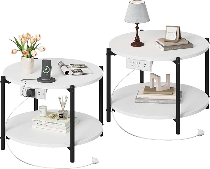 LIKIMIO Round Side Table Set of 2, 23.6" W End Table with Charging Station, Modern Wooden Nightstand for Small Spaces, Living Room, Bedroom, White