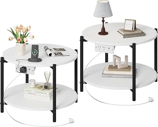 LIKIMIO Round Side Table Set of 2, 23.6" W End Table with Charging Station, Modern Wooden Nightstand for Small Spaces, Living Room, Bedroom, White