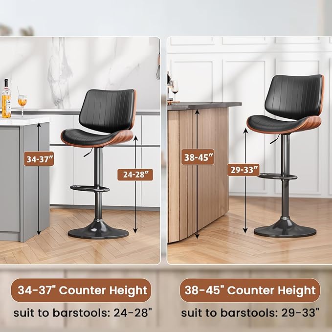 Swivel Bar Stools Set of 2, Adjustable Bentwood Barstools for Kitchen Counter, Mid-Century Modern PU Leather Upholstered Bar Chair with Back and Footrest, for Kitchen Island, Bar, Dining Room, Black