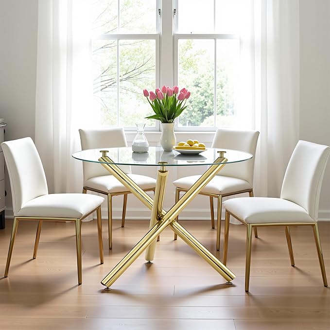 Kitchen Table Classic Dining Table for 4 Round Glass Dining Table 42" Kitchen & Dining Room Tables with Metal Legs and Glass Tabletop for Dining Room and Apartment, Gold