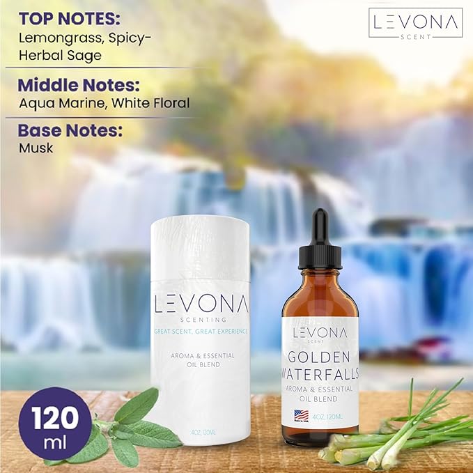 Levona Scent Essential Oils - Scents for Home, Hotel & Office Use - Perfect for Home Diffuser & Humidifiers - Aroma Fragrance Oil, Ideal for Massage, Relaxation, and Spa - Golden Waterfalls, 120ml