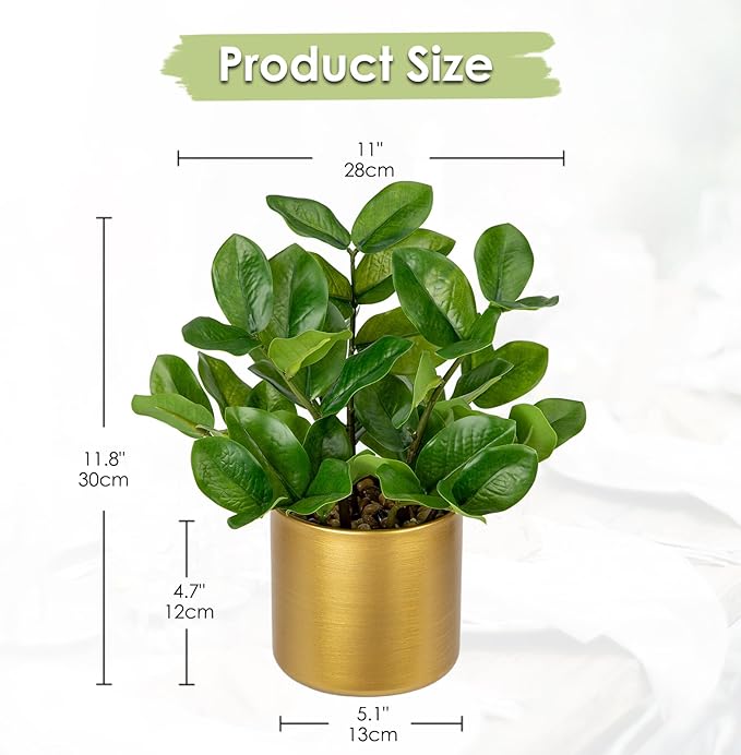 Briful Faux Plants Indoor Artificial ZZ Plant with Gold Pot 11.8in Realistic Fake Silk Plants for Home Office Bathroom Kitchen Dining Table Centerpiece Decoration