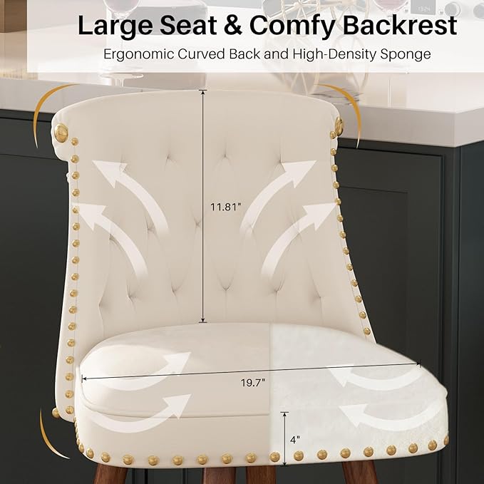 24" Counter Height Bar Stools Set of 4, Swivel Counter Stools with Back, Upholstered Velvet Stools for Kitchen Counter with Wood Legs, Fabric in Off-White