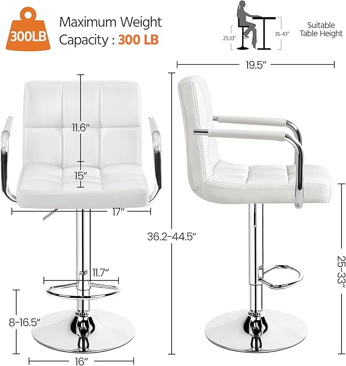 Yaheetech Bar Stools Set of 3, PU Leather Adjustable Barstools with Armrest, Counter Height Stool Chairs with Thickened Seat Cushion for Kitchen Island, White