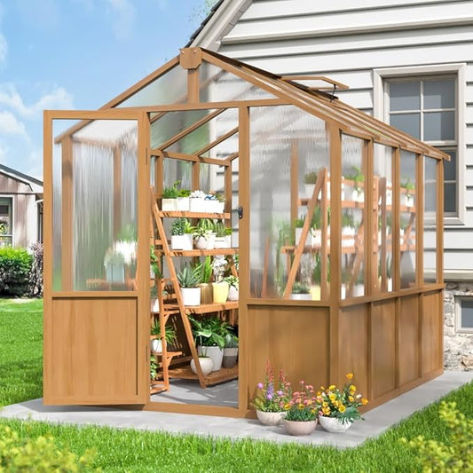 6x8 FT Greenhouse, Wooden Walk-in Greenhouse for Outdoors with 6MM Thick Polycarbonate Panel and Adjustable Roof Vents, Garden Backyard, Patio, Lawn, Wood Colour