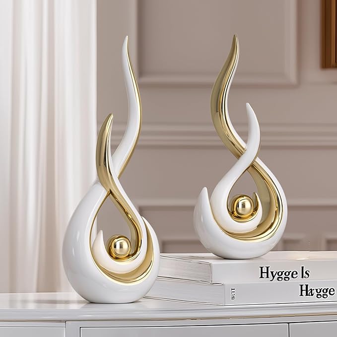 Modern Abstract Art Home Decor Accent,Contemporary Statues Coffee Table Decor for Living Room,Table Centerpieces for Dining Room,Ceramic Sculptures Knick Knacks for TV Stand Show Piece (White Gold)