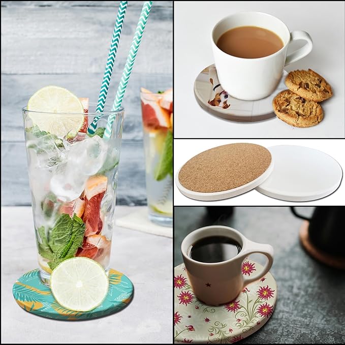 Sublimation Blanks Drink Coasters - Glazed Round Ceramic with Cork Backing Pads Absorbent Coasters,Thermal Transfer of Any Image, DIY Christmas, Painting and Home Decor (24 Pack)