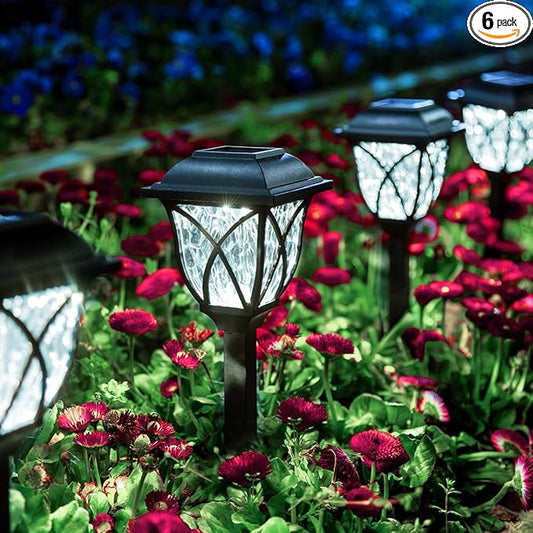 GIGALUMI Solar Lights Outdoor Waterproof, 6 Pack LED Solar Garden Lights, Outdoor Decorations, Garden Decor for Yard, Patio, Landscape, Planter, Walkway (Cold White)