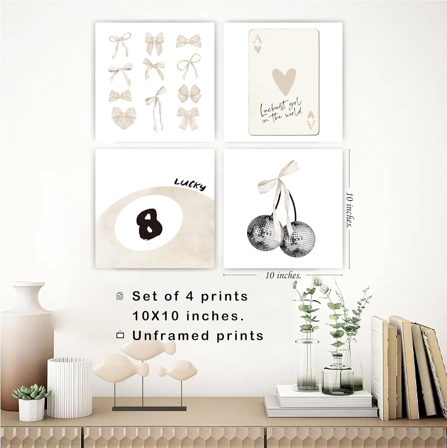 okaxscm Beige Coquette Trendy Preppy Wall Art Prints Set of 4, Coquette Room Decor, Preppy Room Decor Aesthetic, Beige Bow Disco 8 Ball Cherry Wall Decor Posters for Girls Bedroom Dorm,10x10 Unframed