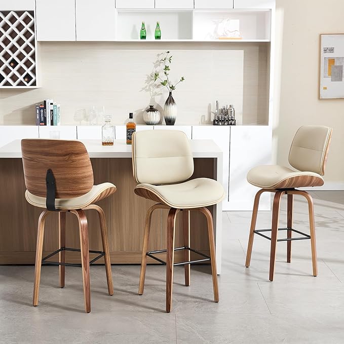 Mid Century Modern Bar Stools Set of 2, 29.5'' Bar Height Swivel Stools with Bentwood Legs, Faux Leather Upholstered Bar Chairs with Footrest for Kitchen Island & Countertops,Beige