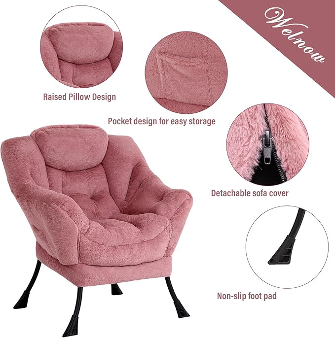 Welnow Lazy Chair with Ottoman, Modern Lounge Accent Chair with Armrests and a Side Pocket, Leisure Sofa Armchair Set, Reading Armchair with Footrest for Small Space, Plush Dark Pink