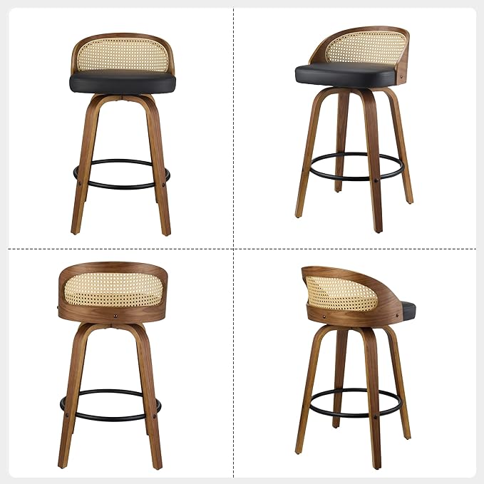 26 inch Swivel Bar Stools with Back, Set of 2 Mid-Century Modern Walnut Barstools, PU Leather Bar Chairs with Footrest for Kitchen Island, Dining, Home Bar - Black