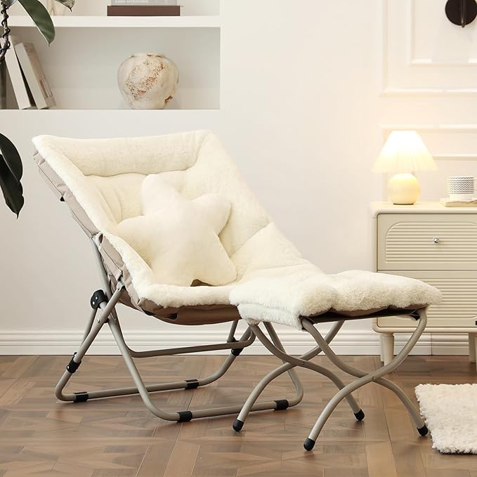 Welnow Comfy Saucer Chair with Ottoman, Oversized Folding Reading Chair for Adults with Throw Pillow Soft Faux Fur Lounge Chair for Bedroom Furry Accent Chair for Living Room, Dorm Rooms, Beige
