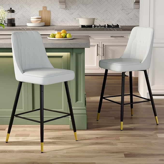 Grey Bar Stools Set of 2,27" Counter Height Bar Stools Set of 2,Faux Leather Counter Stools with Soft Padded Seat & Curved Backrest,Modern Kitchen Island Chairs for Dining Café