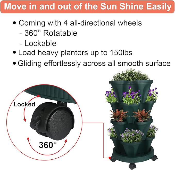 Vertical Planter 4 Tier Stackable Planters Garden Planters Strawberry Herb Flower and Vegetable Planter Indoor Outdoor Gardening Pots with Removable Wheels and Tools 2-Pack