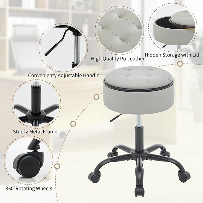 Rolling Chair (Stool & Small Table in One) (Adjustable Height Leather Pedicure Chair 20.67"-24.61"), Gray Tattoo Stool with Storage