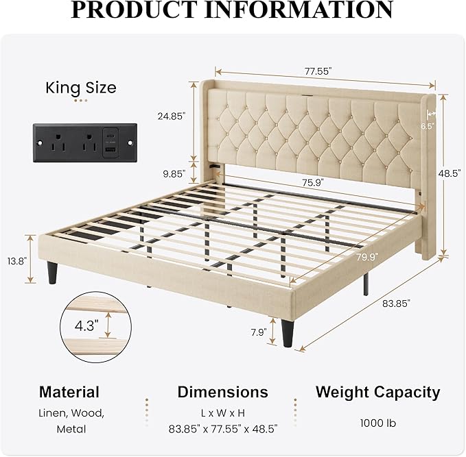 SHA CERLIN King Size Platform Bed Frame with Charging Station, Velvet Wingback Headboard with Storage Shelf, Wooden Slats Support, Ample Under-Bed Space, No Box Spring Needed, Easy Assembly, Beige