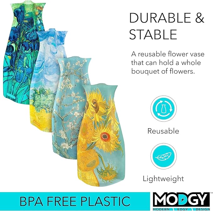 MODGY Expandable Flower Vase Set, Plastic Decorative Modern Foldable Printed Vases for Centerpieces for Wedding, Dining Table, Home Decor, Living Room, Bathroom, Office, Vincent Van Gogh, 4 Pack