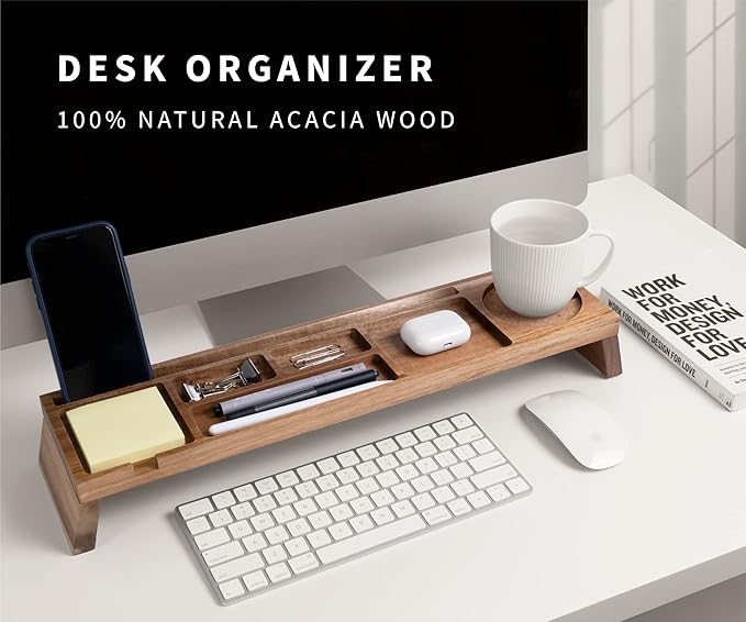 Natural Wood Desk Organizer - Multi-Compartment Wooden Organizers for Home, Office, Cubicle Accessories - Table Caddy for Desktop and Workspace - Pencil Storage Tray