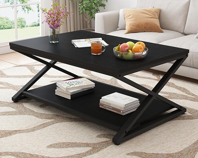 HSH Black Modern Minimalist Metal Wood Living Room Table with Storage Shelf, 39 Inch 2 Tier Rectangle Center Coffee Table