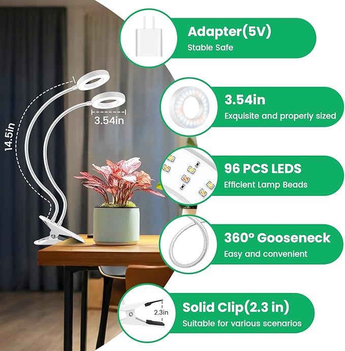 Wiaxulay Grow Light, Full Spectrum Halo Clip Plant Light, 192 LEDs Growing Lamp with Gooseneck, Auto Timer 6/12/16 Hrs, 3 Lighting Mode, 5 Brightness Levels for Seedlings Succulents, 2 Pack (3.5in)
