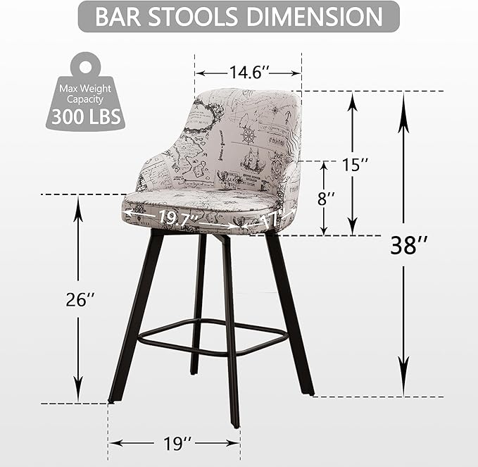 Bar Stools Set of 4, 26" Swivel Counter Height Bar Stools with High Back, Linen Kitchen Barstools Counter Height for Kitchen Island (Beige (Nautical Print), 4PCS 26" Counter Stools)