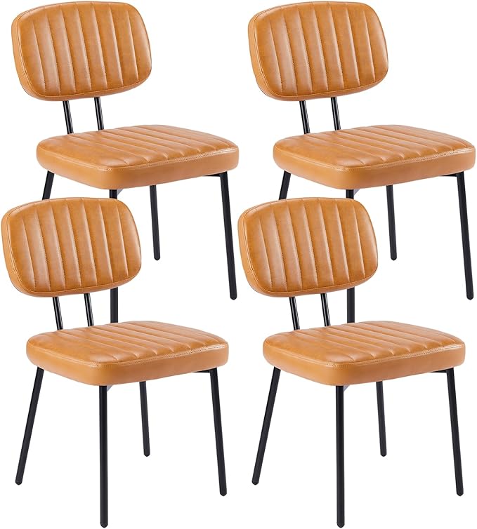 DUMOS Dining Chairs Set of 4, Upholstered Mid-Century PU Leather Accent Chair with Backrest and Metal Legs for Kitchen, Living Room, Brown