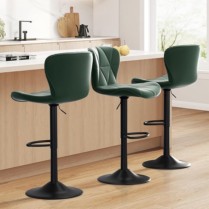 Bar Stools Set of 3,Adjustable Swivel Barstools, Faux Leather Bar Chairs,Upholstered Counter Height with High Backrest for Kitchen Island, Green