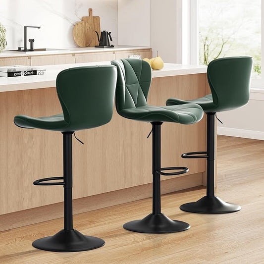 Bar Stools Set of 3,Adjustable Swivel Barstools, Faux Leather Bar Chairs,Upholstered Counter Height with High Backrest for Kitchen Island, Green
