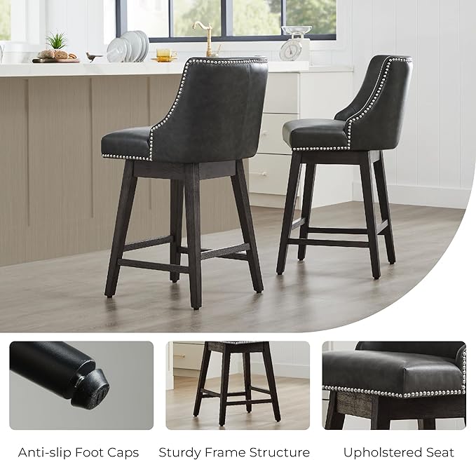 CHITA Counter Height Swivel Bar Stools Set of 2, FSC Certified Upholstered Counter Stools, Modern Swivel Barstools with Wood Legs for Kitchen Island, 26" Seat Height, Faux Leather in Retro Grey