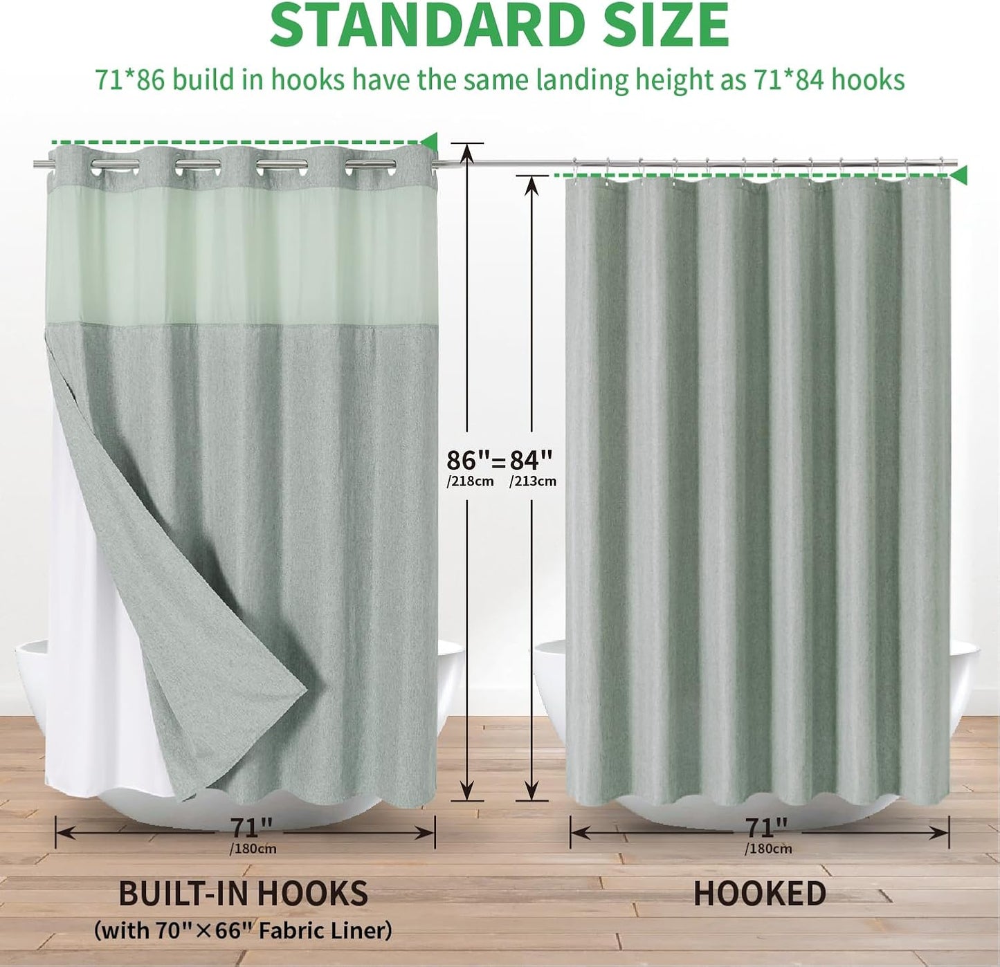 Extra Long No Hooks Needed Linen Textured Shower Curtain with Snap-in Fabric Liner Set,Sage Green Hotel Luxury Decor Shower Curtains for Bathroom,Waterproof & Washable,71Wx86H
