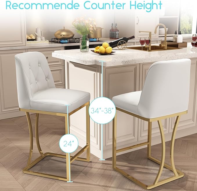 24" Counter Height Bar Stools Set of 2, White Counter Stools with Back and Gold Metal Frame, Modern Luxury Barstools with Footrest, Upholstered PU Leather Bar Chairs for Kitchen Island