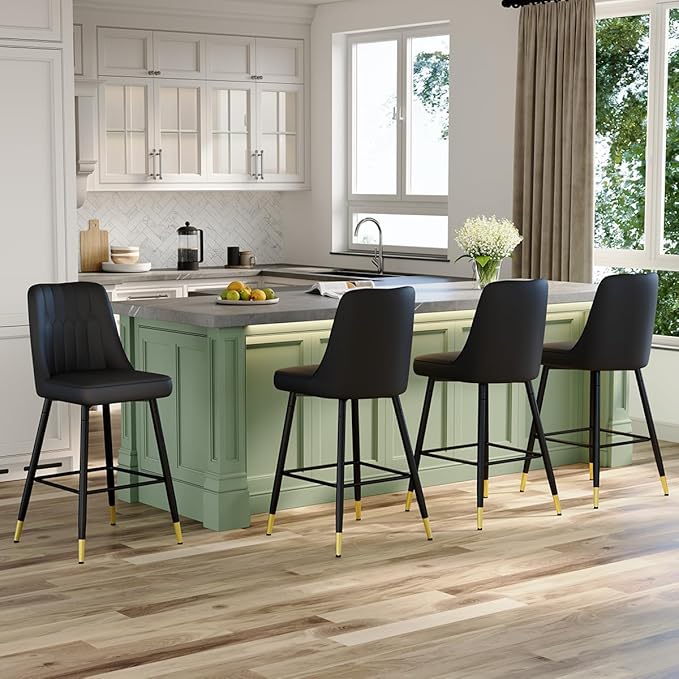 27" Bar Stools Set of 4 - Black Counter Height Bar Stools Set of 4,Faux Leather Kitchen Island Stools with Sturdy Chrome Metal Leg,Counter Height Stools with Backs,Easy to Assemble