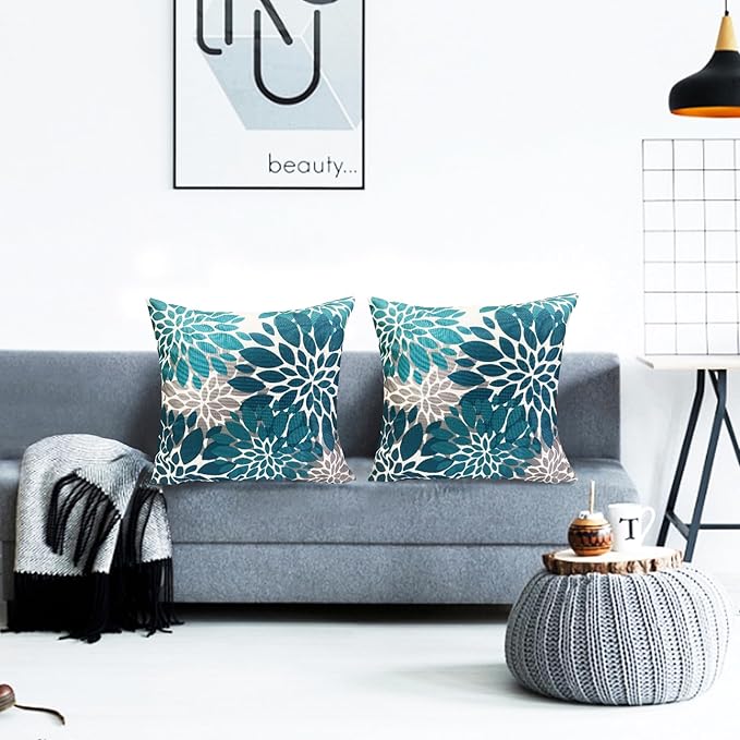 Decorative Throw Pillow Covers Set of 2 Teal Blue Pillow Covers 22x22 Inch Couch Pillow Covers for Sofa Living Room Outdoor Throw Pillow Cover Linen Floral Flower Farmhouse Pillowcase