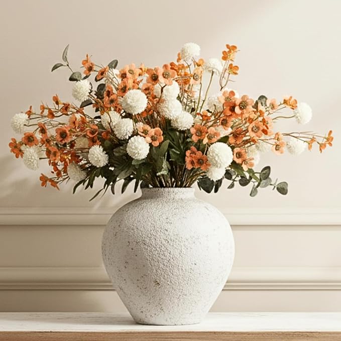 RyddeligHome Artificial White Kiku & Orange Wax Flowers, Bulk Silk Flowers with Long Stems for Vases, Spring Floral Stems Arrangements for Home Decor, Centerpieces for Tables, Rustic Decorations