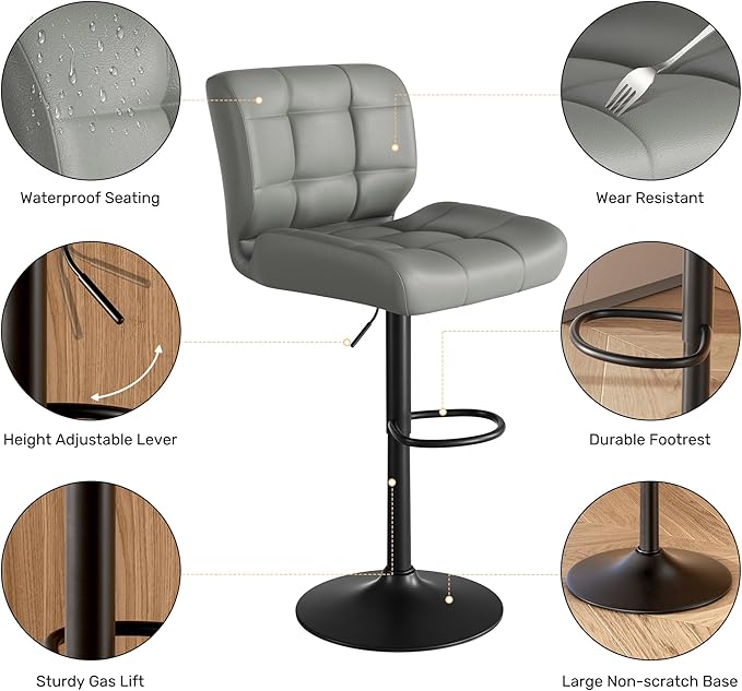 Modern Bar Stools Set of 2, Upholstered Faux Leather Swivel Bar Stools, Adjustable Counter Height Bar Chairs with High Back and Footrest for Kitchen Island (Dark Grey)