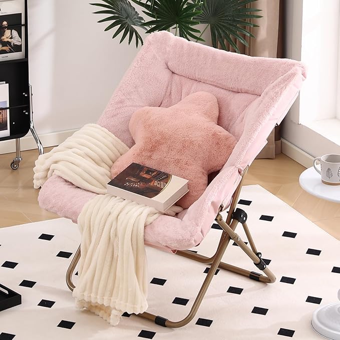 Welnow Comfy Saucer Chair, Oversized Folding Reading Chair for Adults with Throw Pillow Soft Faux Fur Lounge Chair for Bedroom Furry Accent Chair for Living Room, Dorm Rooms, Pink