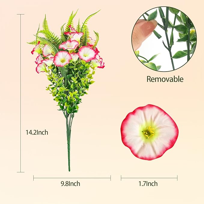 Artificial Flowers Outdoors 12 Bundles Pink Artificial Petunias Fake Flowers UV Resistant Shrubs Plants with Fern for Indoor Outside Hanging Planters Home Garden Summer Decorations