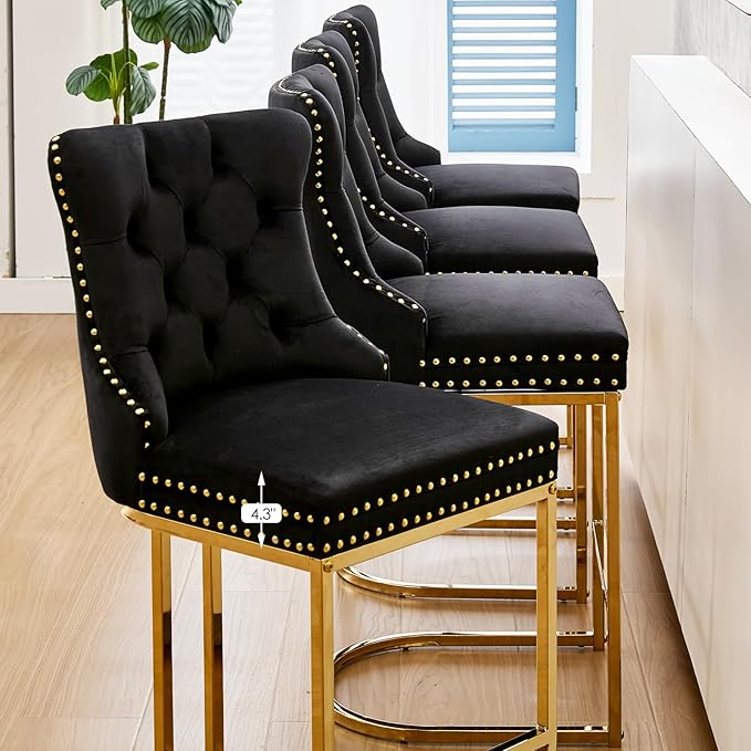 UVV Counter Height Bar Stools Set of 3, 26" Modern Barstools with Back, Velvet Upholstery Counter Chairs with Metal Legs for Kitchen Island, Bar, Counter, Black