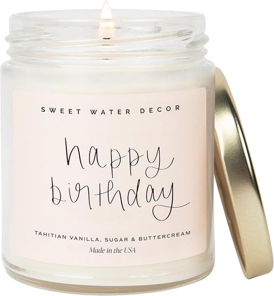 Sweet Water Decor Happy Birthday Soy Candle - Vanilla Sugar & Buttercream Sweet Scented Happy Birthday Candle Gift for Mom, Friends & Girls - 40 Hour Burn Time - 9oz - Non Toxic